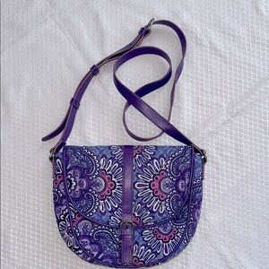 Purple Patterned Crossbody saddle Bag, Lilac Tapestry pattern